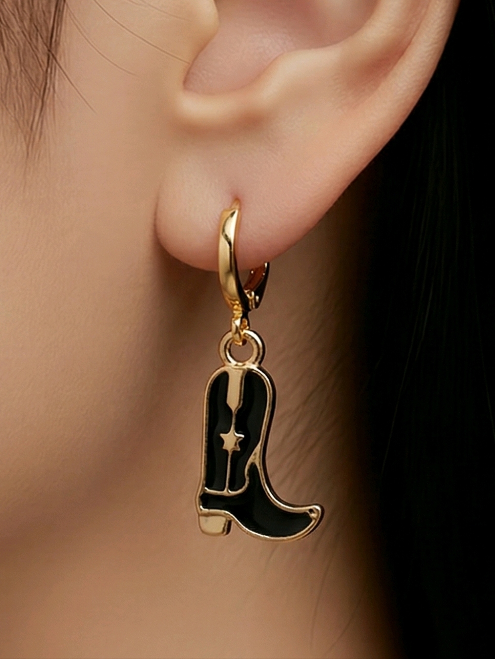 Cowboy Boot Black Dainty Dangle Earrings Gold Star Cowgirl Jewelry Western NWT